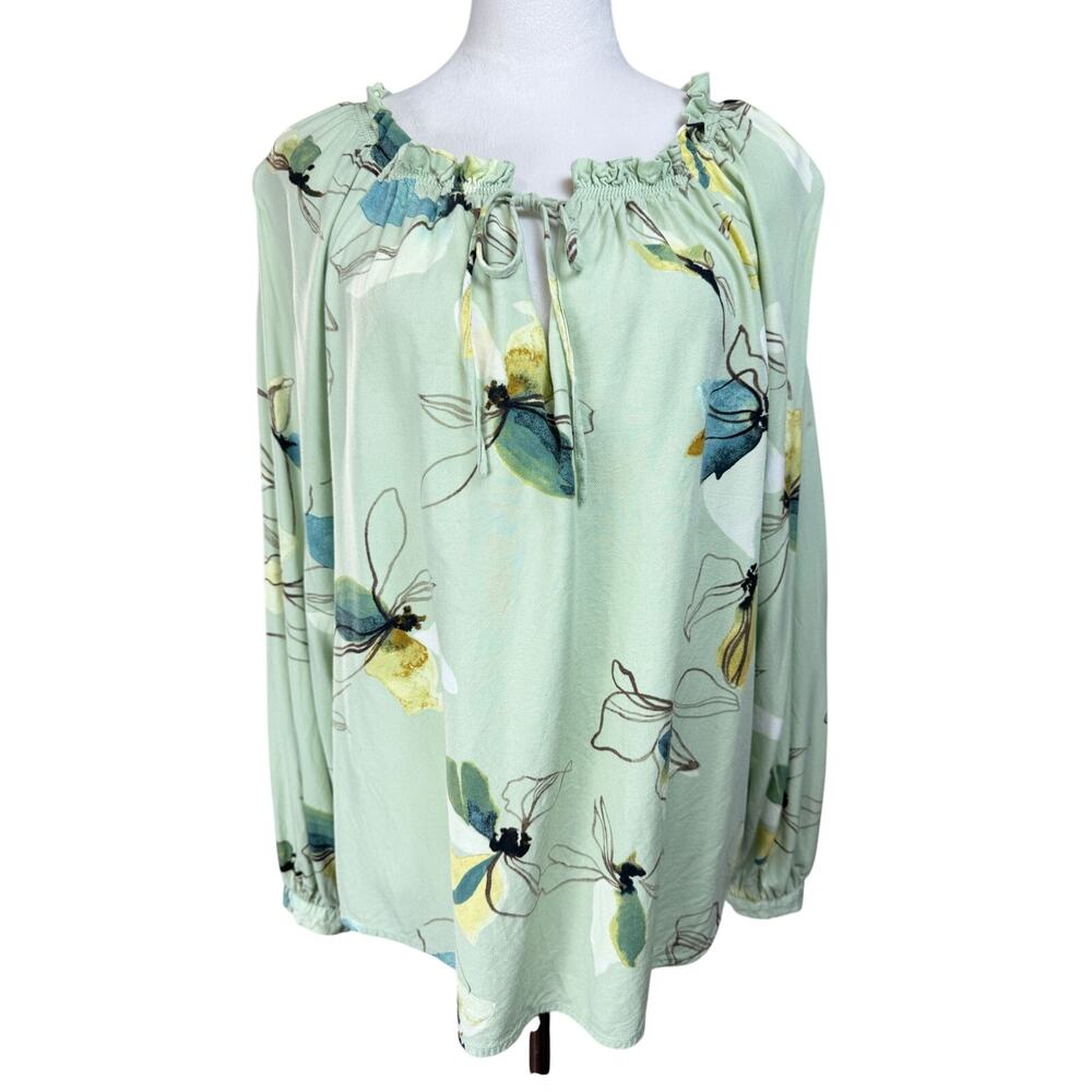 A.‎ New Day Women's Blouse Top Sz XL Lt. Green Floral Long Sleeves Cottagecore